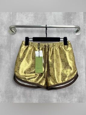 🚩steal Gucci Brown & Gold GG Satin Drawstring Shorts